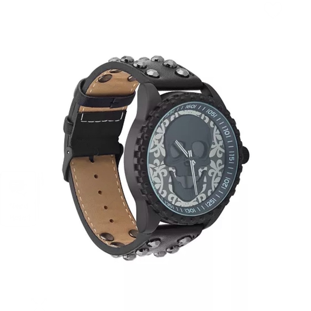 Ed Hardy Skull Watch. Men's Matte Black Leather Strap Analog Watch